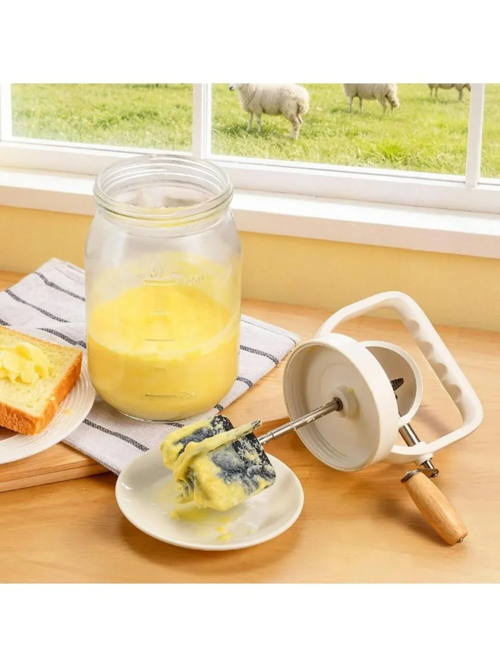Hand Crank Butter Churner 1.5L Glass Jar with Sifting Lid & Safety Device